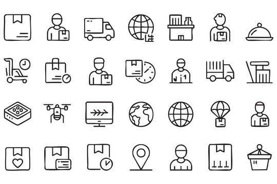 Logistics and delivery line icon set with packages, courier, trucks, warehouse and global shipping symbols