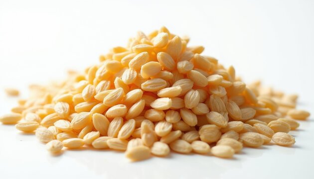 Heap of muskmelon seeds close up. Fresh sweet organic kernels on white background. Healthy diet food ingredient or plant seed for germination.