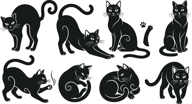 Elegant Black Cat Silhouette Vector Set with Tribal Swirl Details Featuring Various Feline Poses Like Arching, Stretching, Sitting, and Curling Up