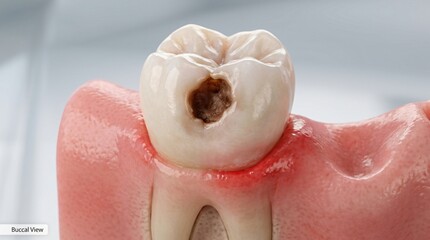 Fototapeta premium Close up view of a human molar tooth showing decay and inflamed gums cavity