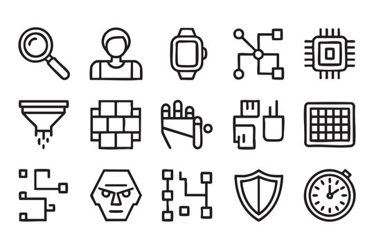 Technology interface line icon set with search, user profile, smartwatch, network and security symbols