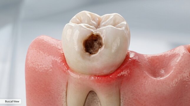 Close up view of a human molar tooth showing decay and inflamed gums cavity