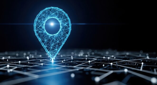 Glowing digital location pin on a futuristic grid map illustration