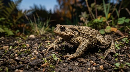 Obraz premium A toad on a patch of dirt with green foliage in the background.