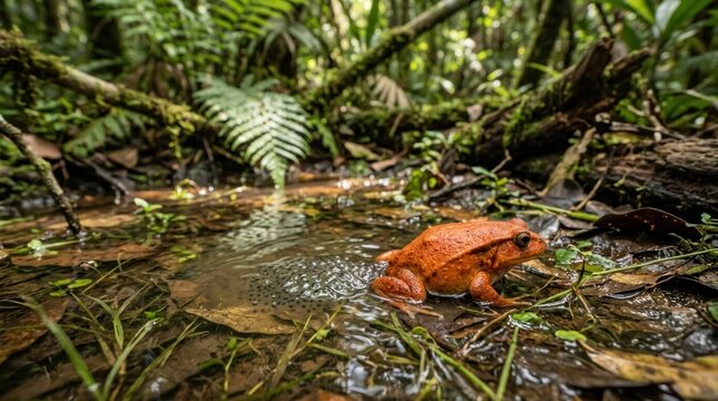 A red frog in a tropical rainforest, surrounded by lush green foliage and water.