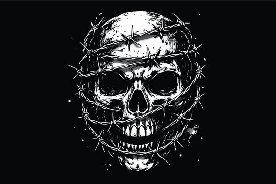 High-Contrast Monochrome Vector Illustration of a Human Skull Wrapped in Sharp Barbed Wire, Edgy Grunge Style for T-Shirt Design, Dark Gothic Aesthetic with Detailed Stippled Shading and Splatter