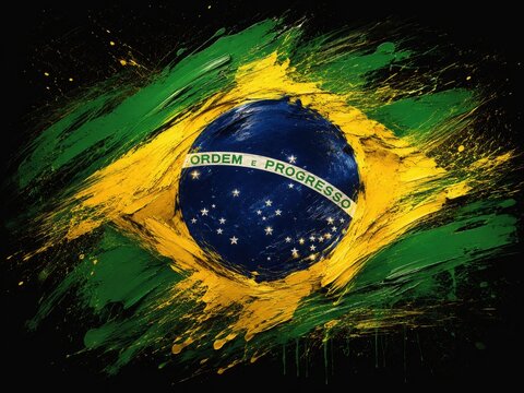 Abstract artistic brush stroke painting of the brazil national flag with a textured oil paint effect on black background
