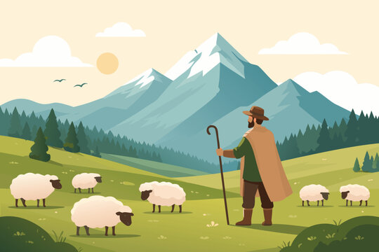 Minimalist flat design vector illustration of a shephrd with a staff watching oer a flock of sheep in a lsh green meadow with a bacdrop of majestic snow-cappd mountains and a pine forst.