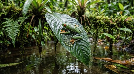 Fototapeta premium A red-eyed tree frog perched on a leaf in a lush, green jungle. The frog's vibrant green color contrasts with the lush green foliage. 