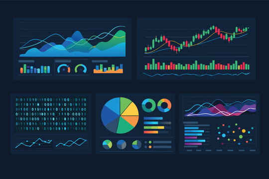 Vector illustration of five digital dashboard screens displaying financial data visualizations, including candlestick charts, line graphs, pie charts, and binary code for business analytics.