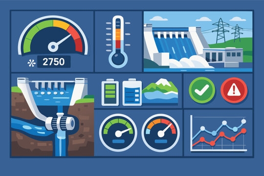 Hydroelectric Power Plant Digital Control Panel Interace with Real-Time Monitorng Data, Gauges, Turbine Coss-Section, Battery Storae Levels, Performance Graps, and System Status Icons