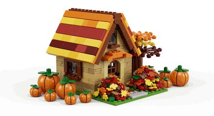 Obraz premium Autumnal lego house model with pumpkins and colorful leaves against white