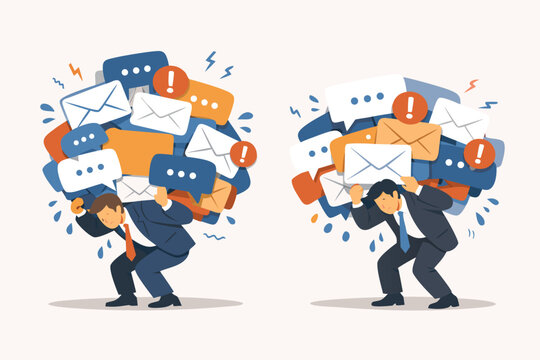 Two Businessmen Overwhelmed by Communication OverloadCarrying a Heavy Pile of Seech Bubbles and Email Icos, Illustrating Digital Stess, Information Fatigue, nd Workplace Burnout Concet.