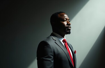 Fototapeta premium Man in dark suit and red tie stands in stark light and shadow. Confident face looks forward. Businessman with serious look. Professional career man.