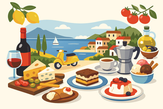 Authentic Italian lifestyle illustration featuring red wine, artisan cheese, fresh grapes, and traditional desserts like tiramisu and cannoli in a simple flat vector style for gourmet branding.