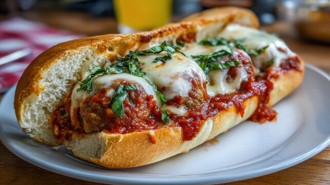 meatball sub with marinara sauce in a baguette