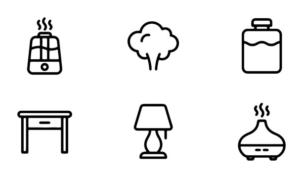 Home Comfort Icons: Humidifier, Aroma Diffuser, Lamp, Table, Steam Cloud, Jar