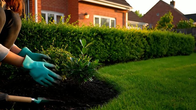 Woman planting a green shrub in a residential garden at sunset. Hands in teal gloves using a trowel to settle plant into soil. Sustainable landscaping concept for backyard improvement marketing.