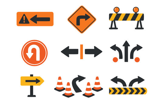 Collection of Flat Vector Road Sign Icons for Detour and Diversion, Including Traffic Redirection Symbols, Guidance Arrows, Warning Signs, Cones, and Barriers for Construction and Safety Work.