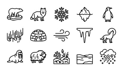 Arctic Icons Set: Polar Bear, Penguin, Igloo, Aurora, Iceberg, Wolf, Walrus, Musk Ox © Jubayer