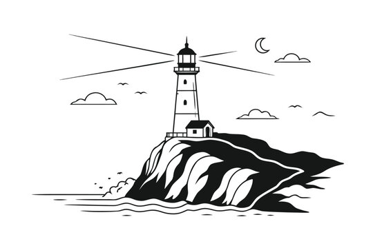 Minimalist Black and White Line Art Illustration of a Lighthouse Perched on a Rocky Cliff Overlooking the Ocean with a Crescent Moon, Clouds, and Flying Birds in a Serene Coastal Night Scene.