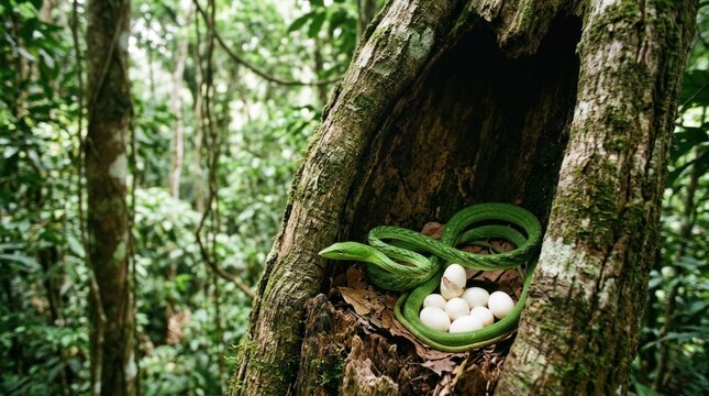A green snake with eggs in a tree hollow in a dense jungle setting.