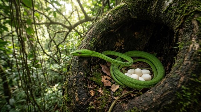 A green snake with eggs in a hollow tree trunk in a lush, green forest.