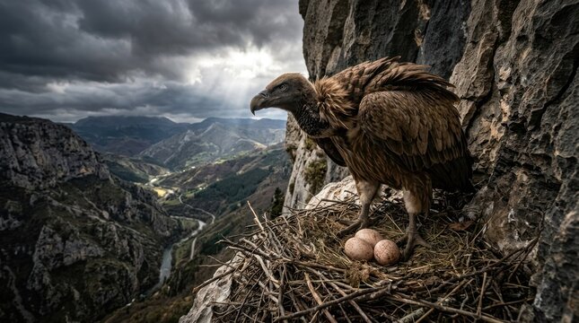A griffon vulture perched on a rocky outcrop with a view of a valley below.