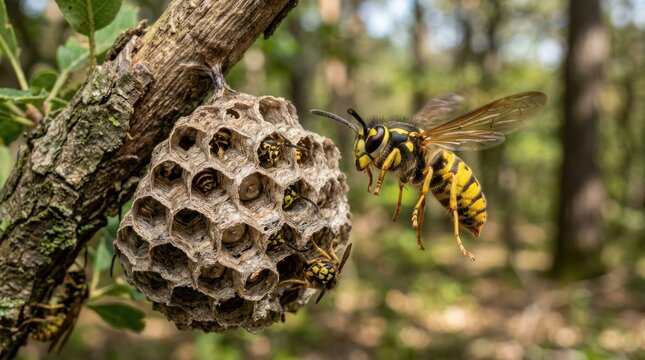 A wasp flying near a nest in a tree, with a forest in the background.