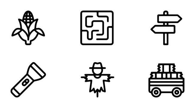 Farm Icons Set: Corn, Maze, Signpost, Flashlight, Scarecrow, Hay Cart Vector Graphics