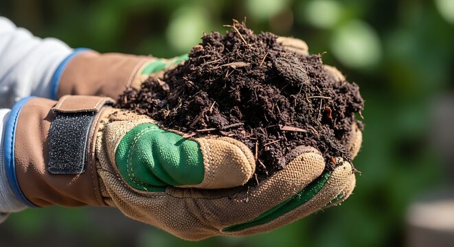 Hands wearing gardening gloves holding a rich pile of dark soil with gardening