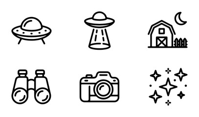 UFO Icons, Barn, Camera, Binoculars, Stars: Space Exploration & Rural Discovery Vector Set © Anisul