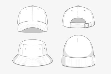 Fototapeta premium Unisex Hat Set Technical Fashion Illustration Featuring Baseball Cap Front and Back View, Bucket Hat, and Beanie Flat Apparel Template White Color CAD Mockup for Clothing Design and Production.