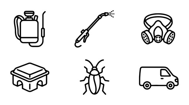 Pest Control Icons Set: Sprayer, Mask, Bait Station, Insect, Van, Vector Graphics