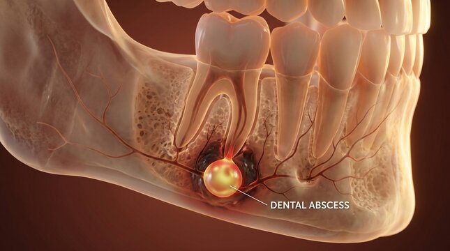 Detailed 3D illustration of a dental abscess affecting human jawbone and teeth roots