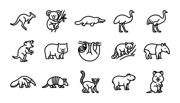 Australian Wildlife Icons: Kangaroo, Koala, Platypus, Emu, Wombat, Sloth, Tapir, Opossum, Armadillo, Cat, Capybara, Quokka Vector Set
