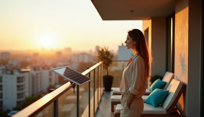Fototapeta premium Woman on city apartment balcony at sunset near small solar panel. She looks at cityscape thinking about clean energy future and sustainable living. This residential scene shows urban ecology.