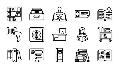 Library Icons Set, Book Collection, Reading Symbols, Archive Management, Information Access © Rayhan