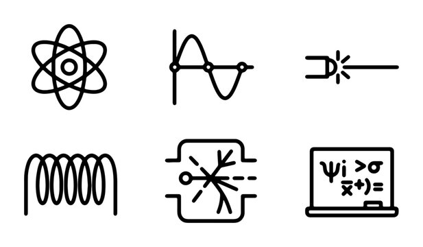 Science Icons Set: Atom, Waveform, Laser, Coil, Particle, Math Formula