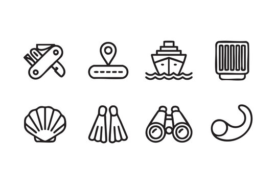 Vector Adventure Equipment Icon Set with Cruise Ship, Compass, Tools, and Diving Gear