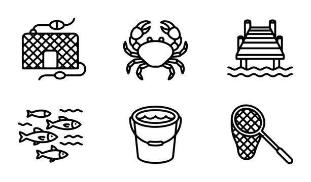 Fishing Icons Set: Crab, Net, Bucket, Dock, Fish, Trap Vector Graphics for Seafood and Recreation