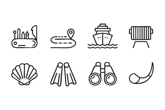 Outdoor Travel Line Icons for Adventure Gear, Navigation, and Tourism Design