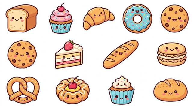 Cute Kawaii Baked Goods Collection Vector Illustration.