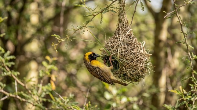 A weaver bird building a nest in a tree with a blurred background.