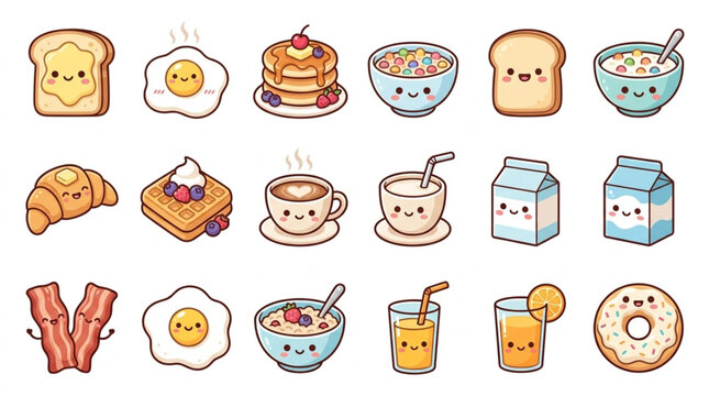 Cute Kawaii Breakfast Food Icons Collection.