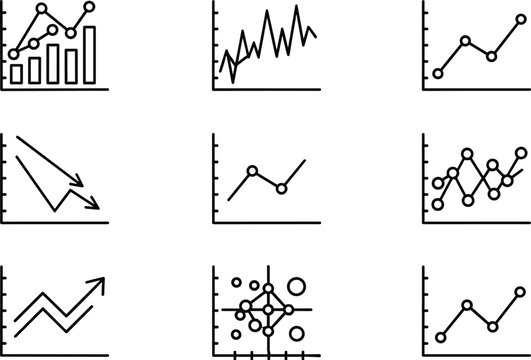 Collection of graph and chart icons featuring line graphs, bar charts, scatter plots, and data visualization symbols for analytics