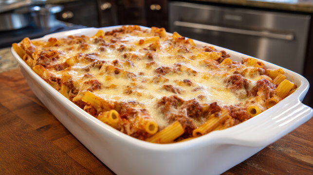 baked ziti pasta with tomato meat sauce
