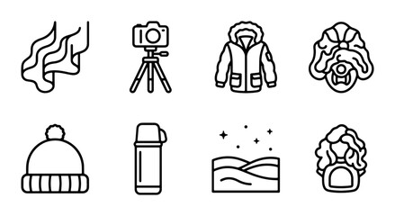 Winter Icons Set: Cold Weather Gear, Photography, Northern Lights, and Hot Drinks © Fahim