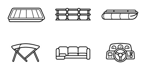Collection of 6 Vector Icons: Stadium, Fence, Pontoon Boat, Parachute, Sofa, Dashboard © Fahim
