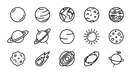 Cosmic Icons: 15 Space Planets, Sun, Moon, Galaxy, Asteroid, Comet Vector Set © Fahim